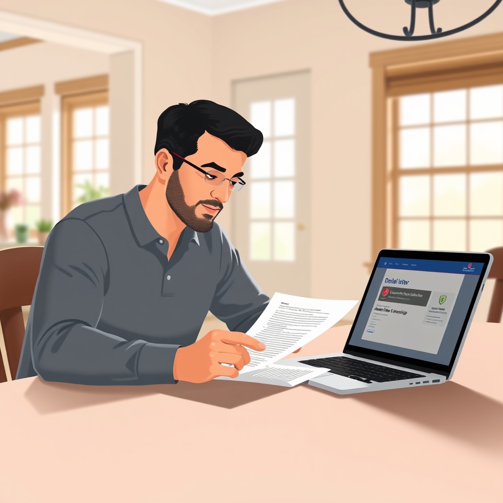 A photorealistic illustration of a homeowner reading a denial letter at a dining table