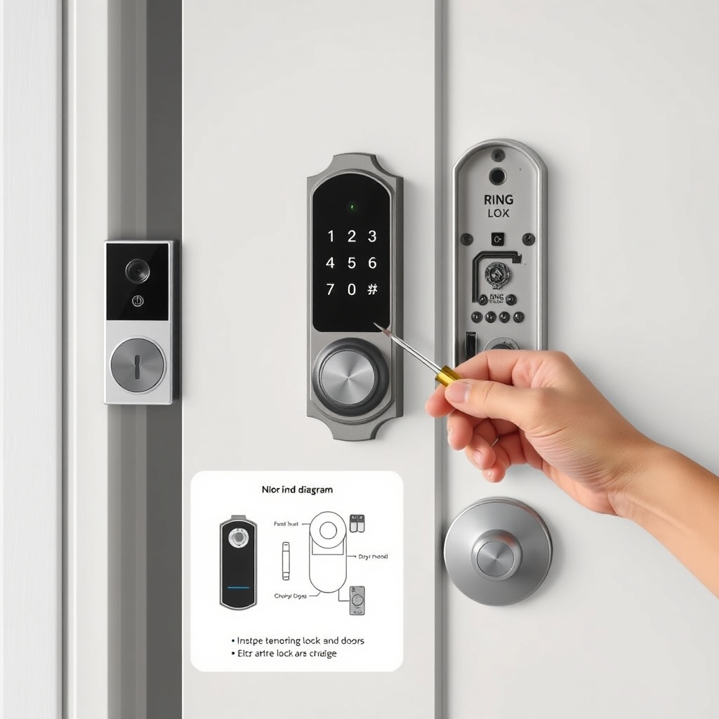 A clean image of a smart door lock mounted on a modern front door next to a ring doorbell