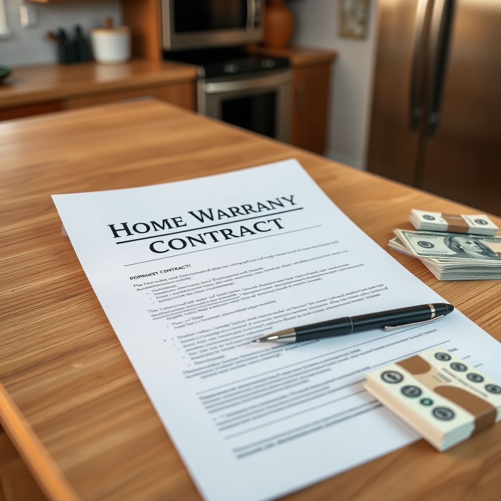 A clean photorealistic photo of a home warranty contract document on a kitchen island