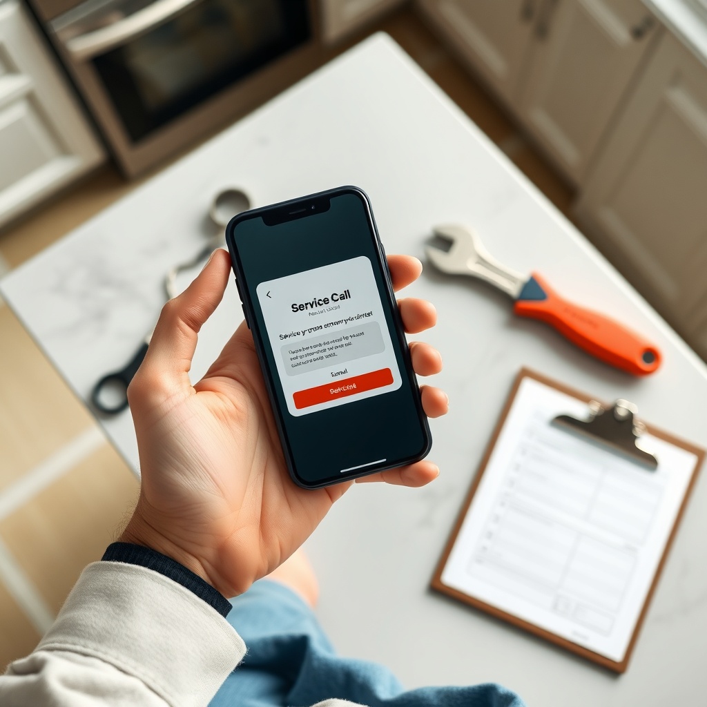 A photorealistic overhead view of a homeowner holding a smartphone with a service call con
