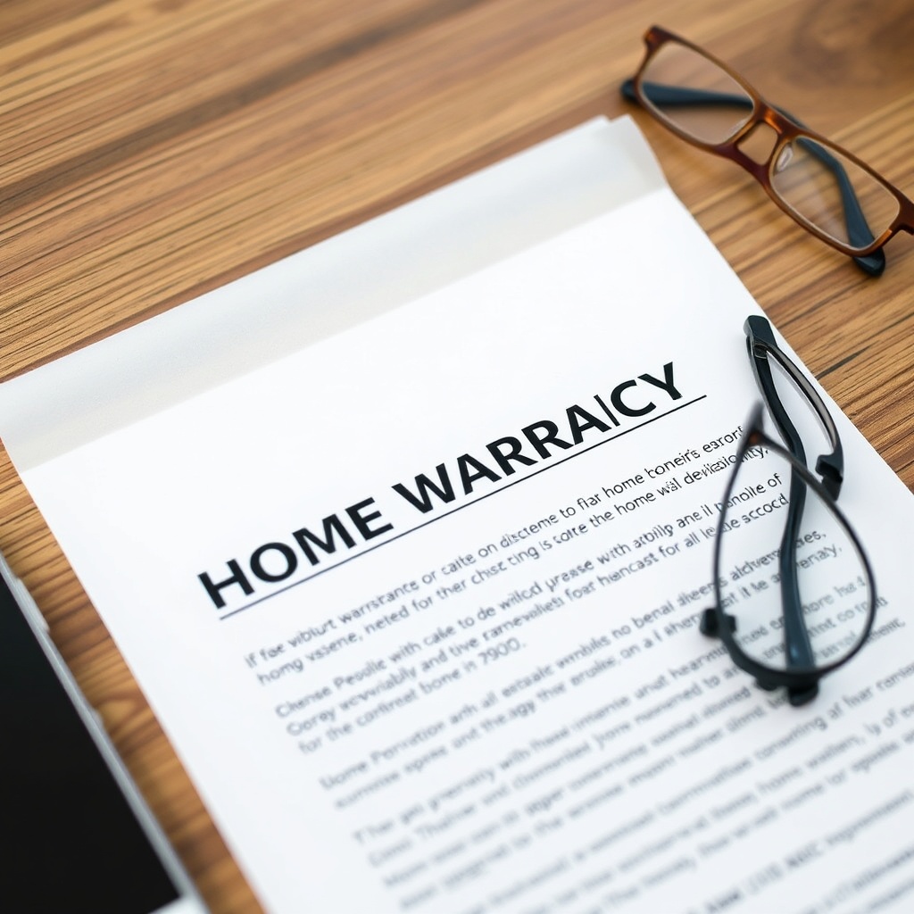 A photorealistic close-up of a home warranty denial letter lying on a wooden table next to