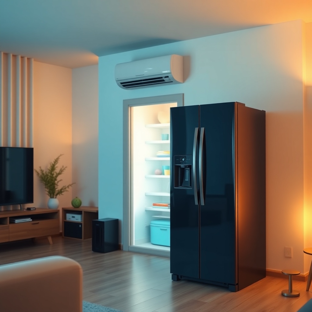 A modern living room with a working refrigerator and an AC vent visible