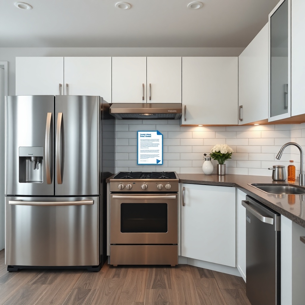 A photorealistic wide-angle shot of a modern kitchen showing a stainless steel refrigerato
