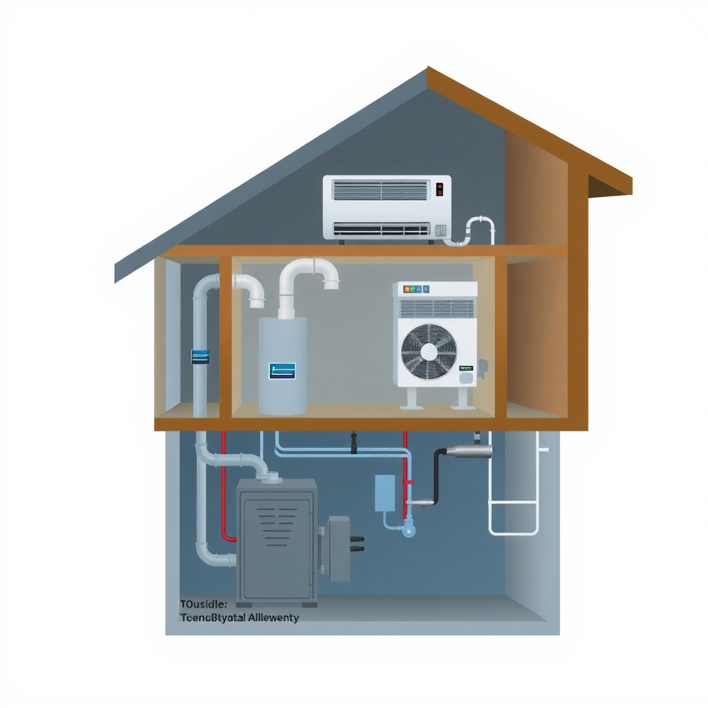 A realistic illustration of a home cross-section showing a forced-air furnace in the basem