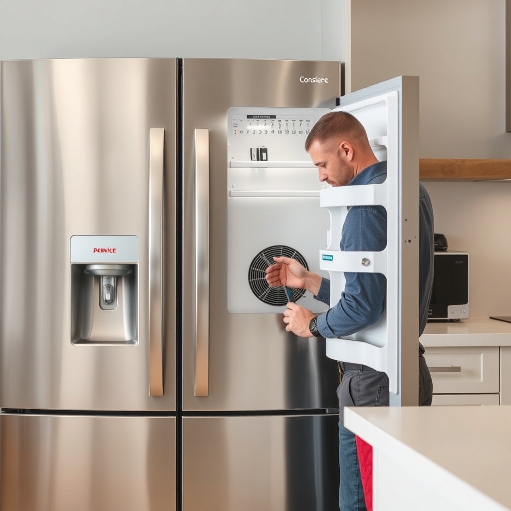 A photorealistic photo of a modern stainless steel refrigerator with a service technician