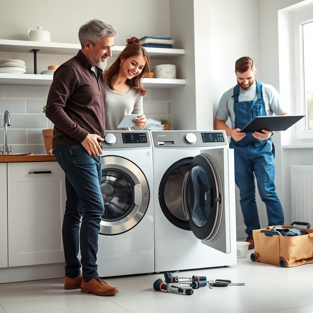 A photorealistic photo of a happy couple inspecting a newly repaired washing machine in a