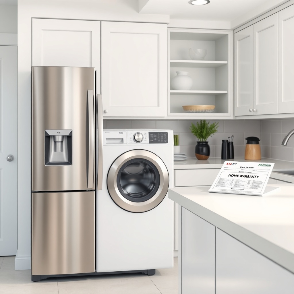 A clean photorealistic photo of a stainless steel refrigerator beside a front-load washer
