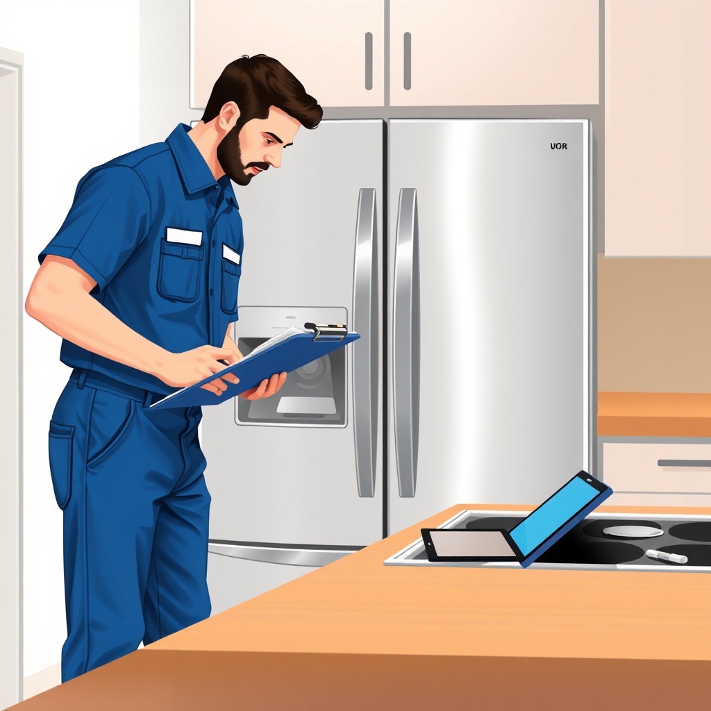 A simple photorealistic illustration of a home warranty service technician in a blue unifo