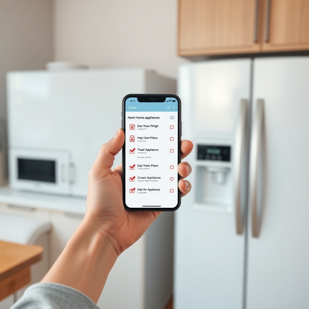 A photorealistic photo of a homeowner holding a smartphone showing a list of home applianc