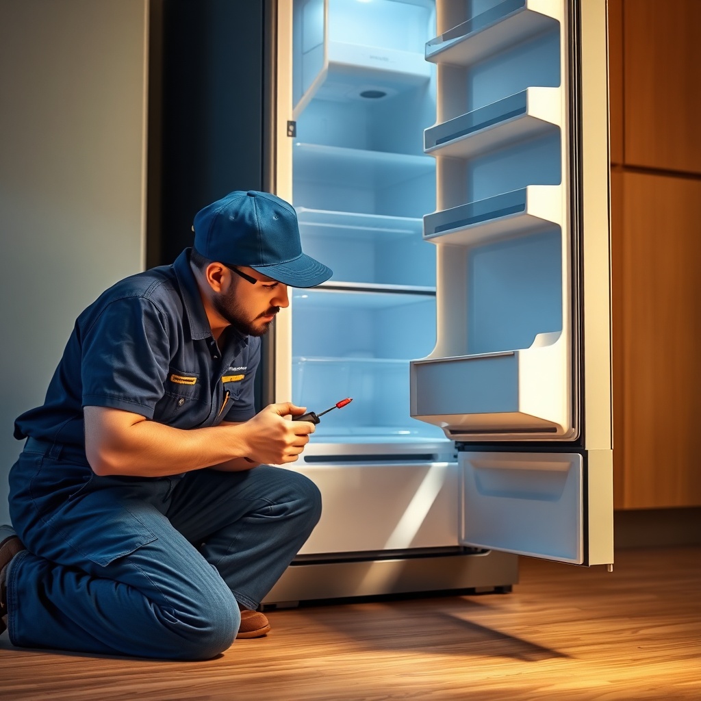 A photorealistic photo of a home warranty contractor in a professional blue uniform kneeli