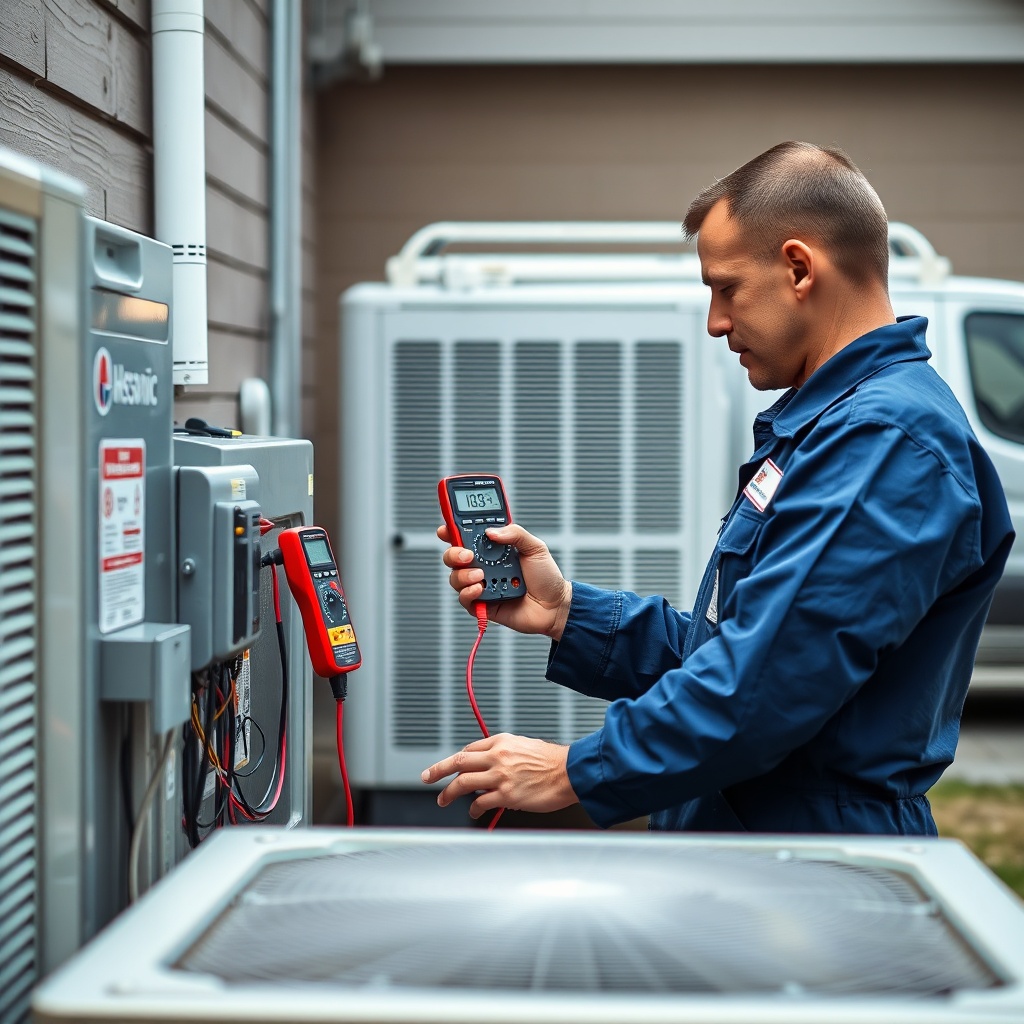 A photorealistic image of a licensed HVAC technician in a blue uniform using a multimeter