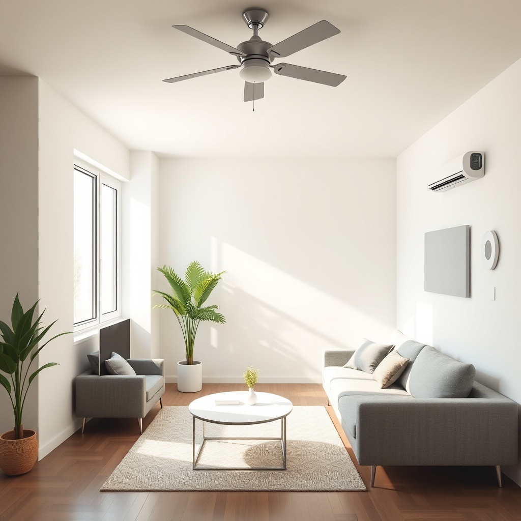 A photorealistic shot of a bright living room with a modern sofa