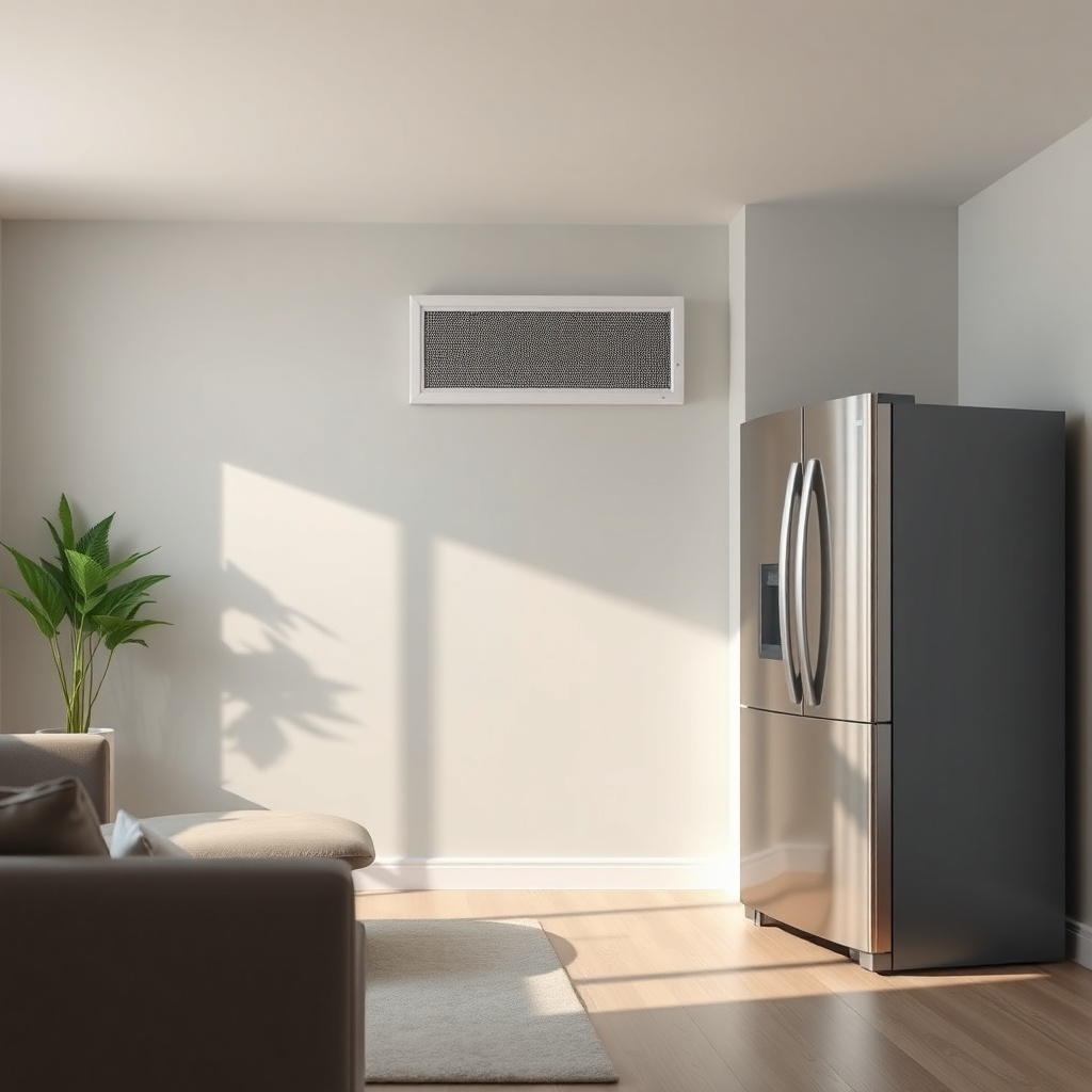 A clean photorealistic photo of a modern living room with a stainless steel refrigerator a