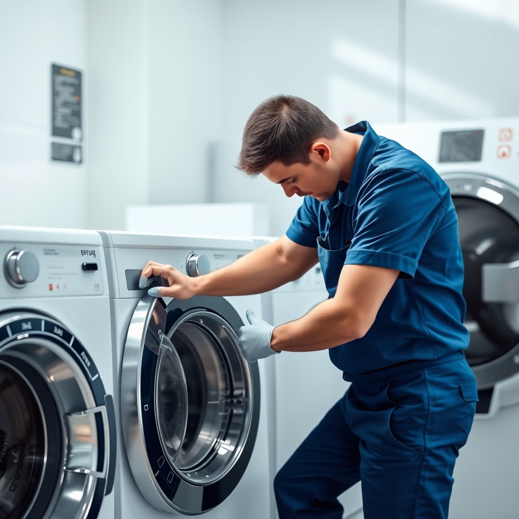 A clean photorealistic photo of a technician in a blue uniform repairing a washing machine