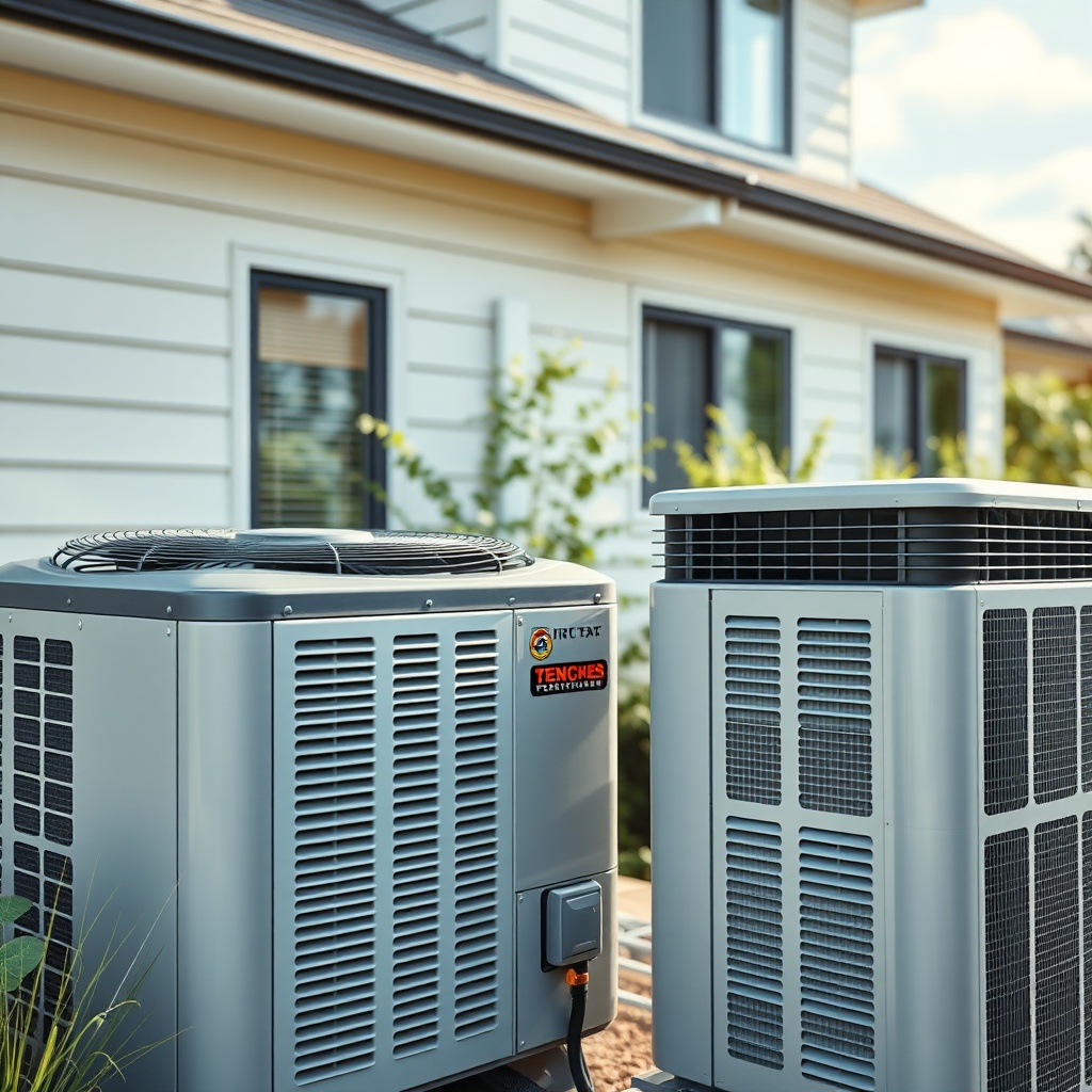 A clean photorealistic photo of an HVAC technician inspecting an outdoor condenser unit on