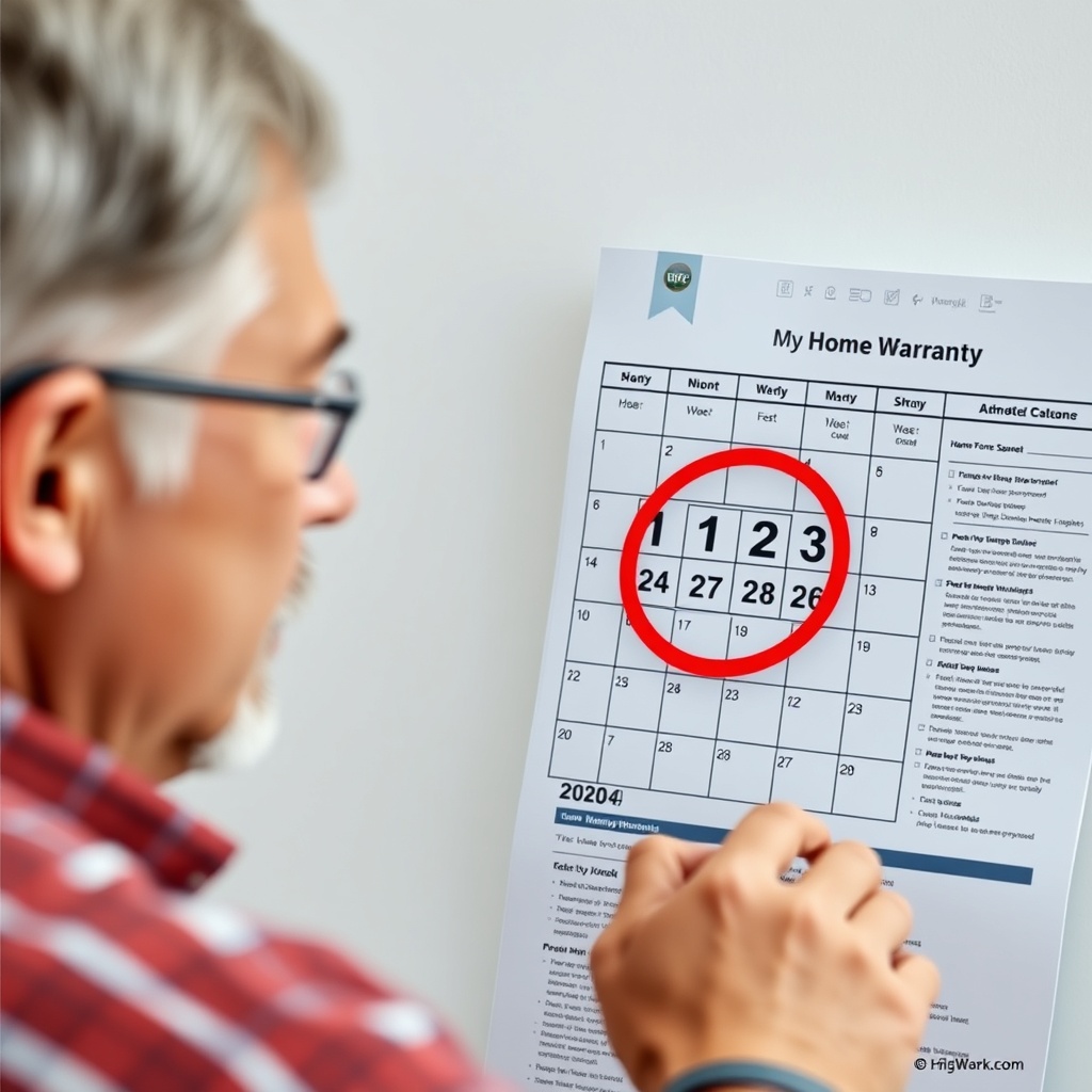 A clean photorealistic photo of a homeowner looking at a calendar with a red circle around