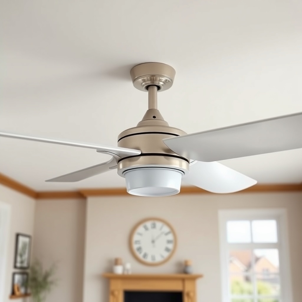 <clean photorealistic photo/illustration of a modern ceiling fan in a UK living room