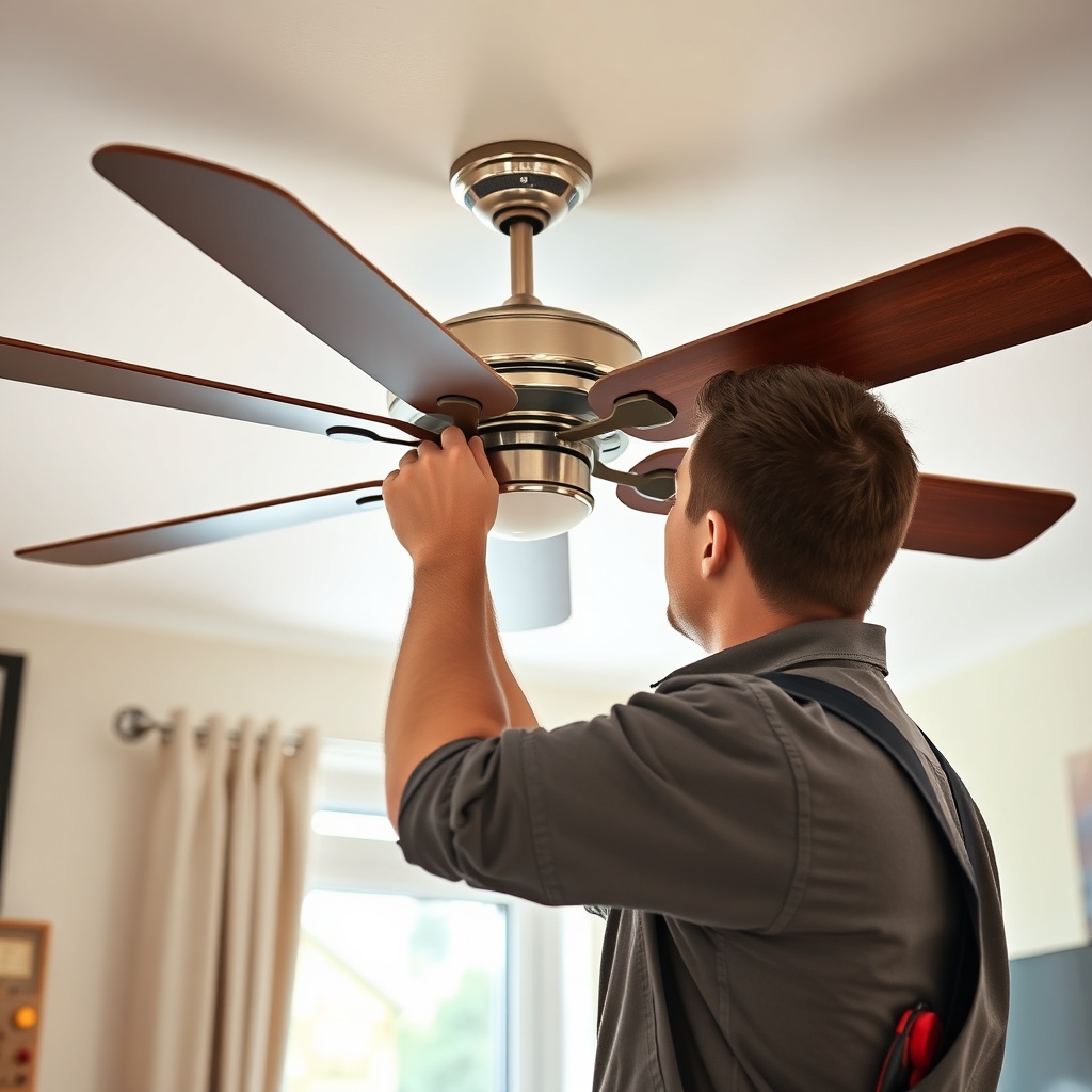<clean photorealistic photo/illustration of a technician repairing a ceiling fan in a UK h