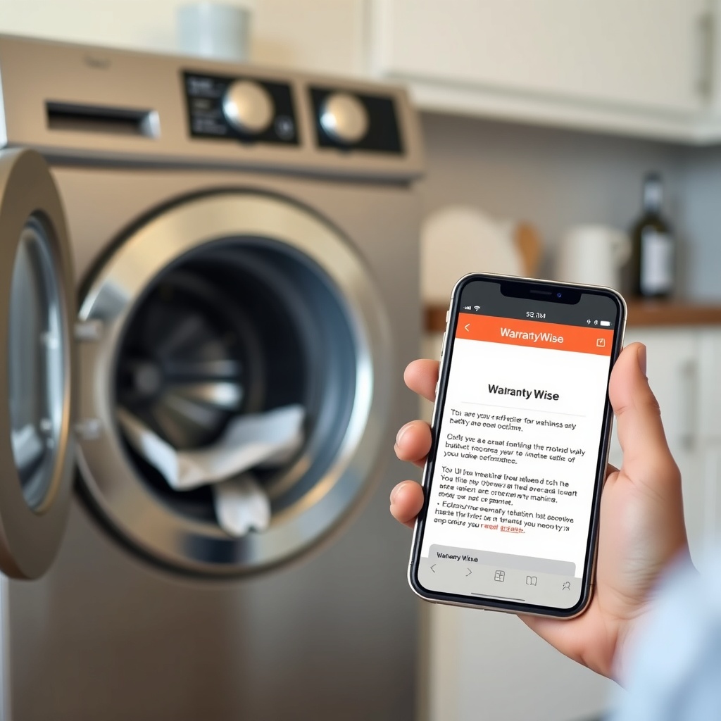 <photorealistic photo of a homeowner holding a smartphone next to a broken washing machine