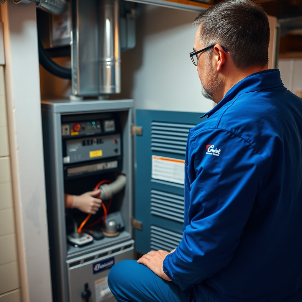 <photorealistic photo of a WarrantyWise authorised technician in a blue uniform inspecting