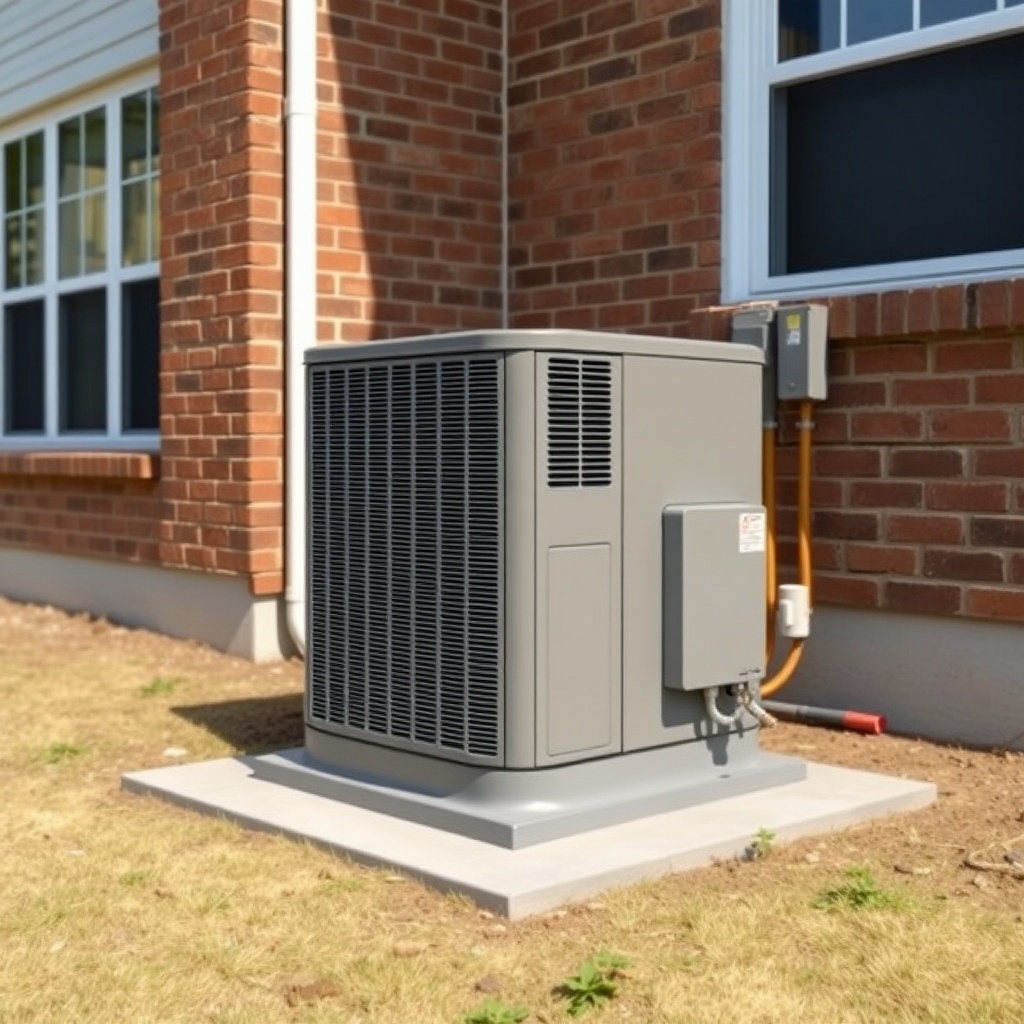 A clean photorealistic photo of a modern HVAC condenser unit sitting on a concrete pad bes