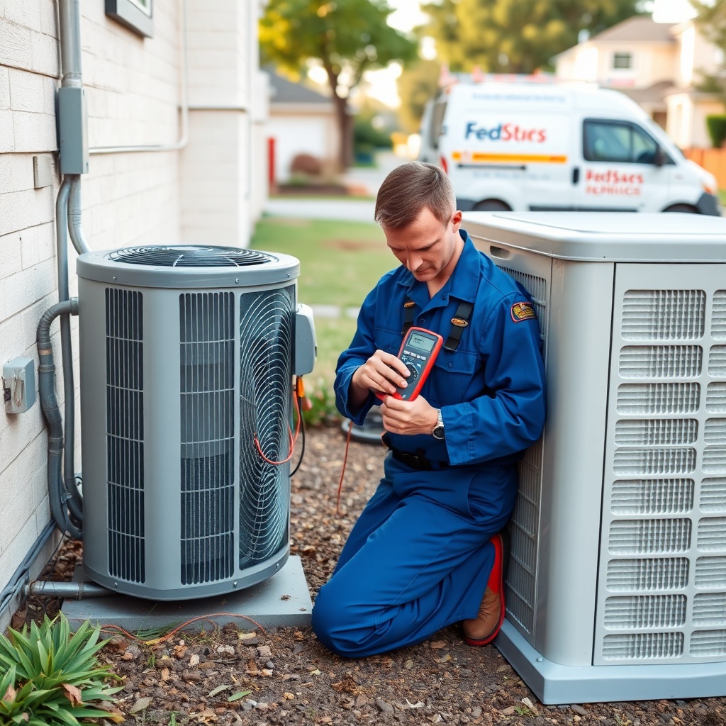 A clean photorealistic photo of an HVAC technician in a blue uniform kneeling beside an ou