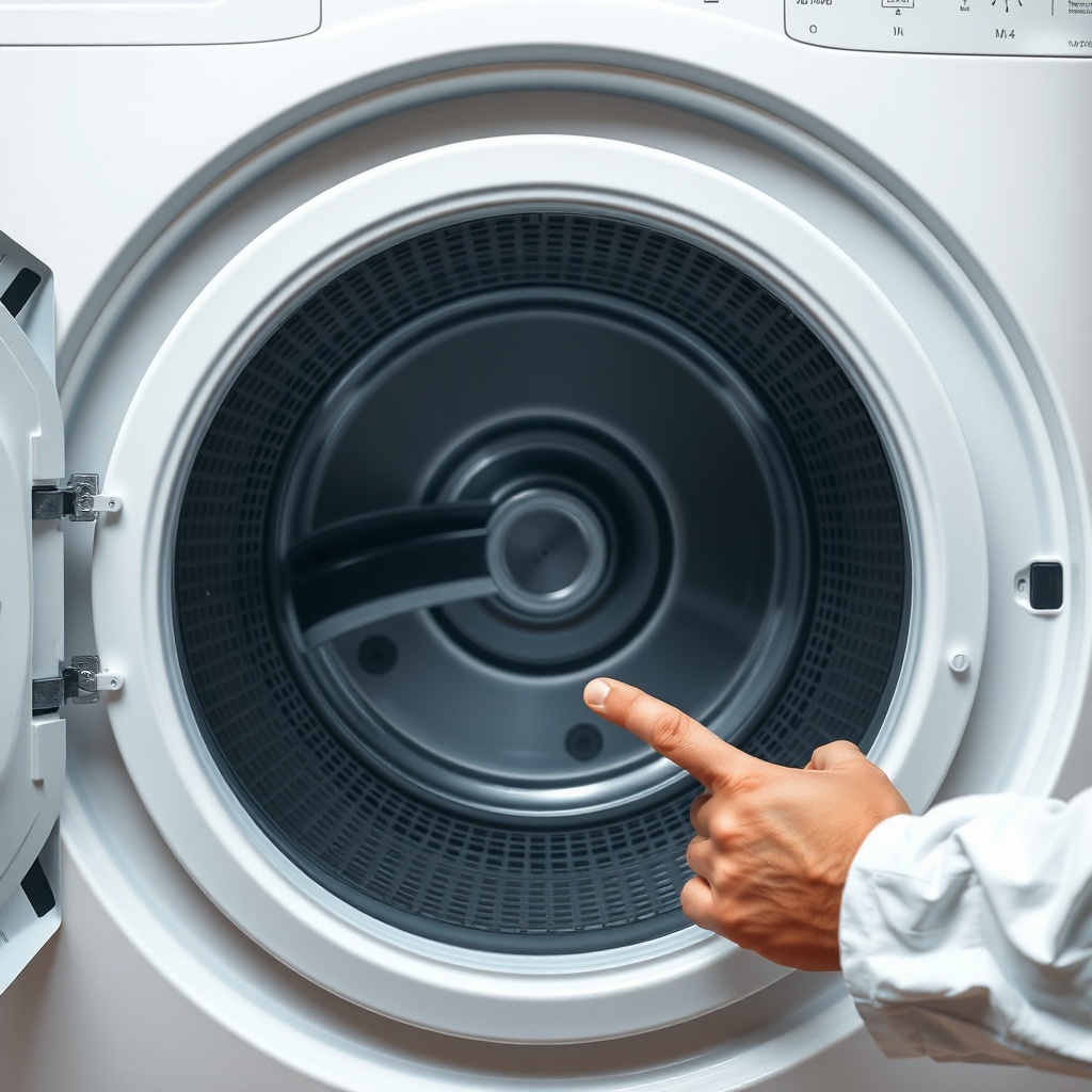 <clean photorealistic photo of an opened clothes dryer drum showing internal components li