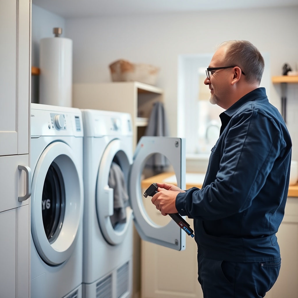 <clean photorealistic photo of a satisfied homeowner in a UK kitchen looking at a clothes