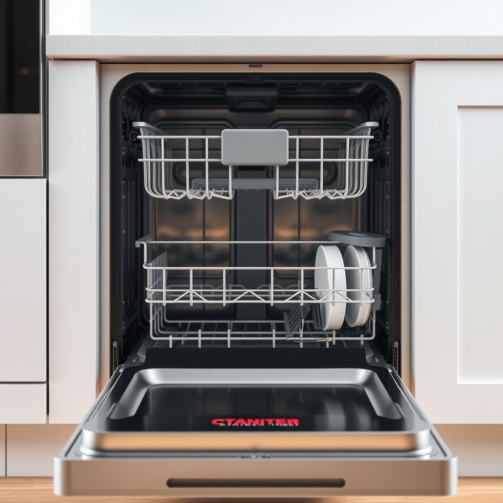 A photorealistic photo of a modern built-in dishwasher with its front panel open