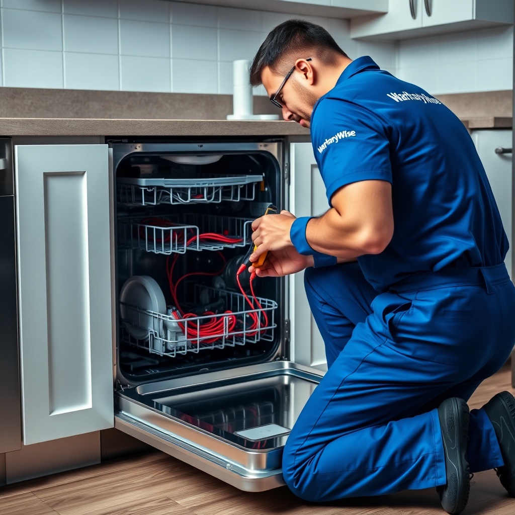 A photorealistic photo of a WarrantyWise service technician wearing a blue uniform