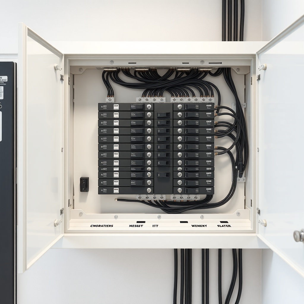 <A photorealistic interior photo of a modern residential electrical panel with breakers vi