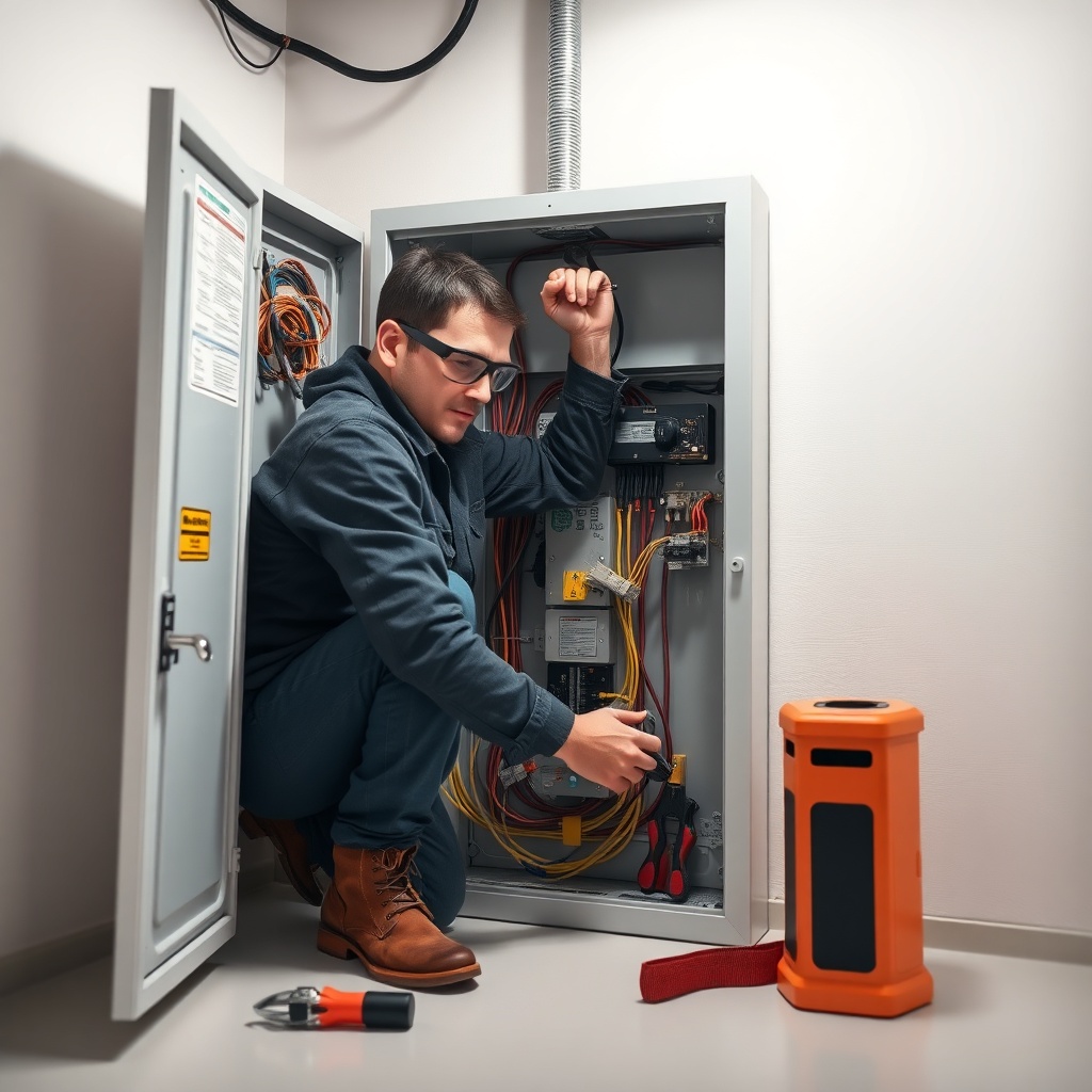 <A photorealistic image of a licensed electrician working on an open electrical panel