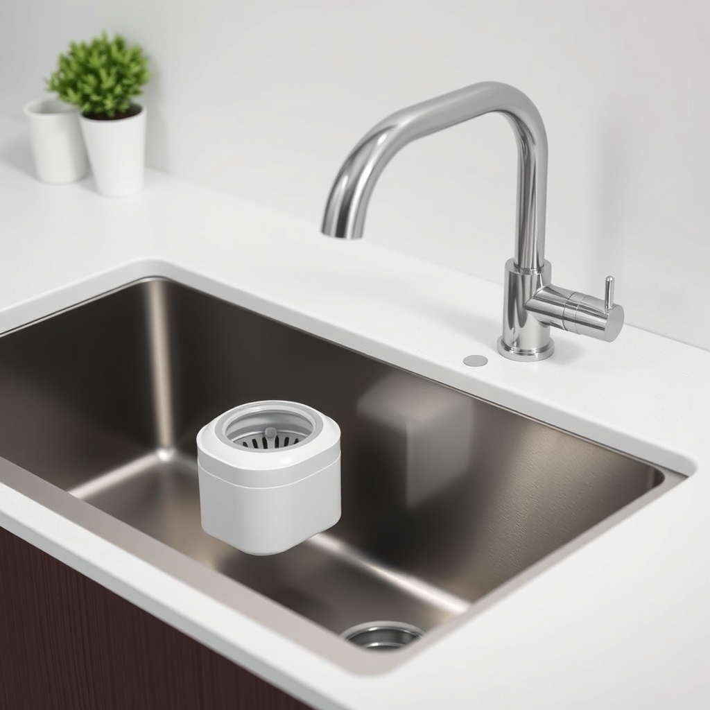 <clean photorealistic photo of a modern kitchen sink with a garbage disposal unit partiall