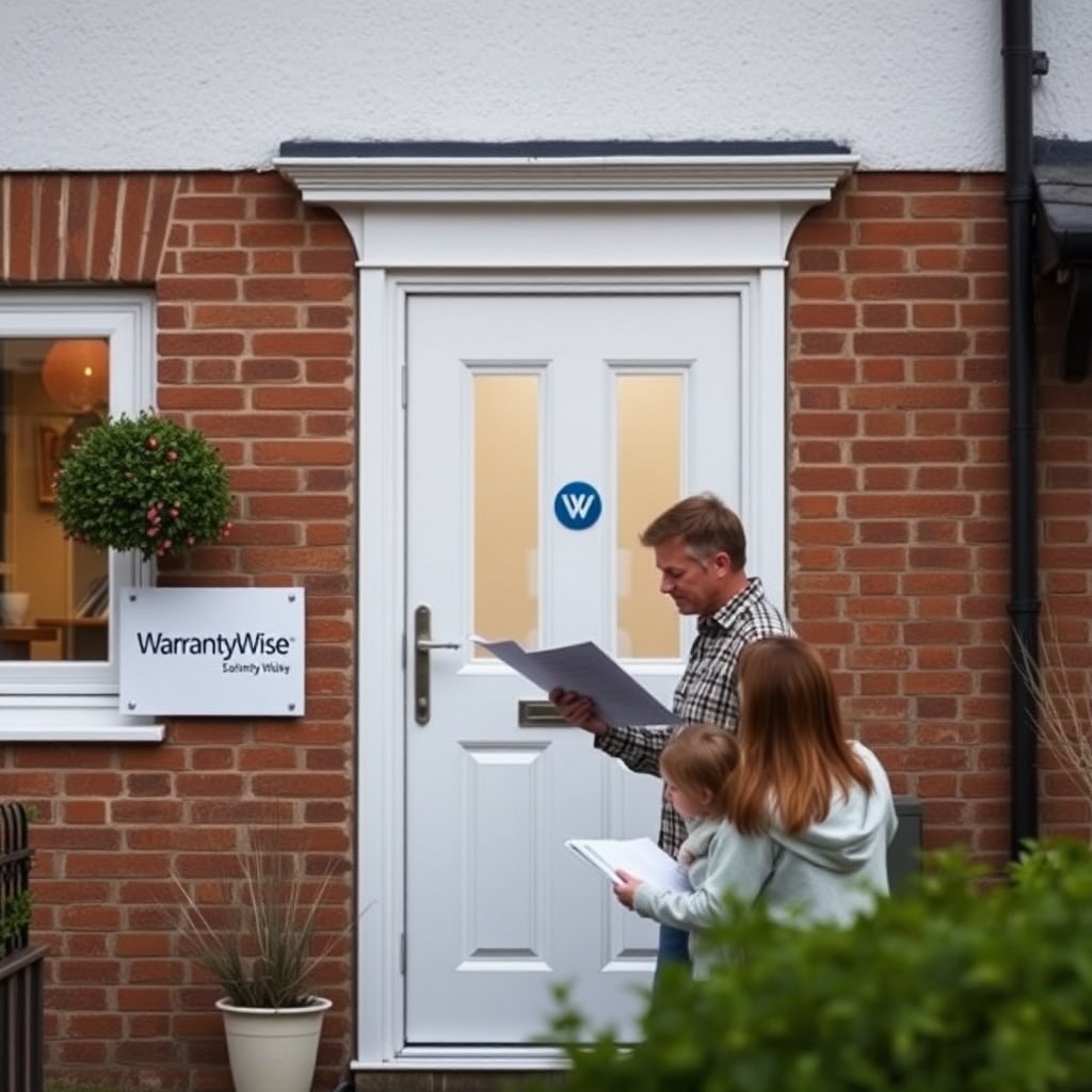 A clean photorealistic photo of a modern British home exterior with a WarrantyWise sign on