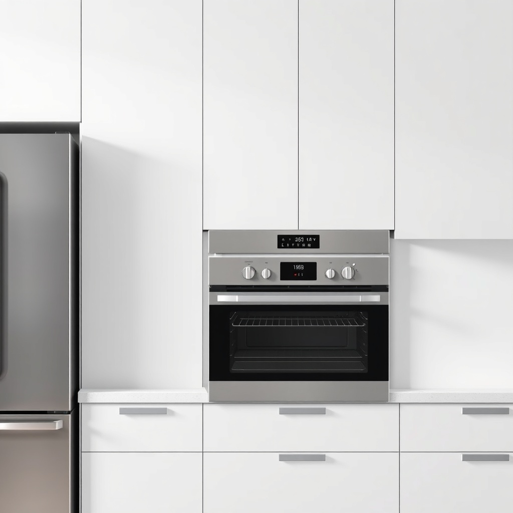 <A clean photorealistic photo of a modern kitchen with a freestanding electric range and a