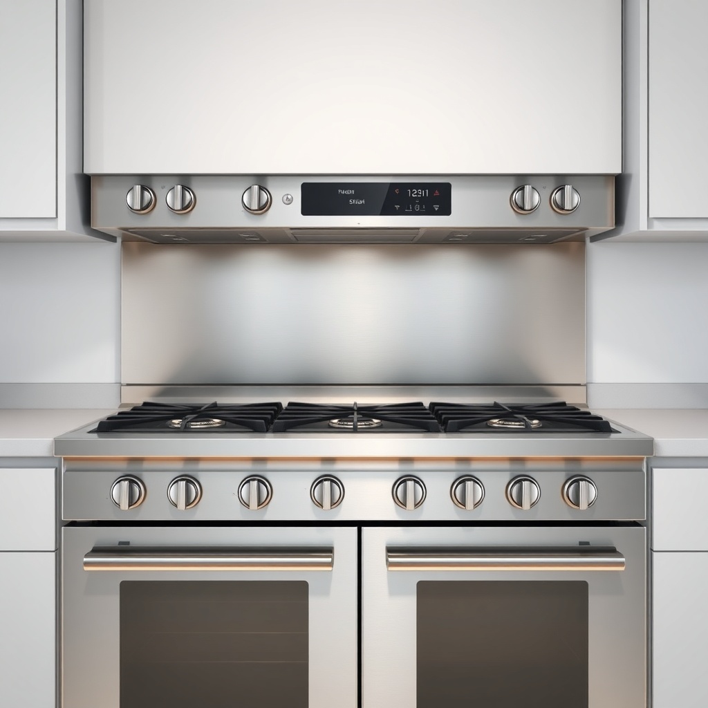 <A clean photorealistic photo of a built-in gas rangetop with five burners and a steam ove