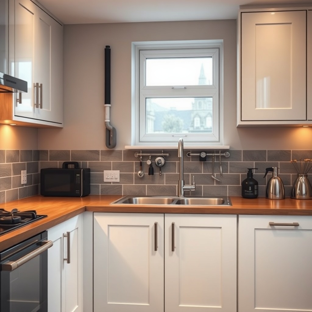 A clean photorealistic photo of a modern British kitchen with exposed pipework under a sta