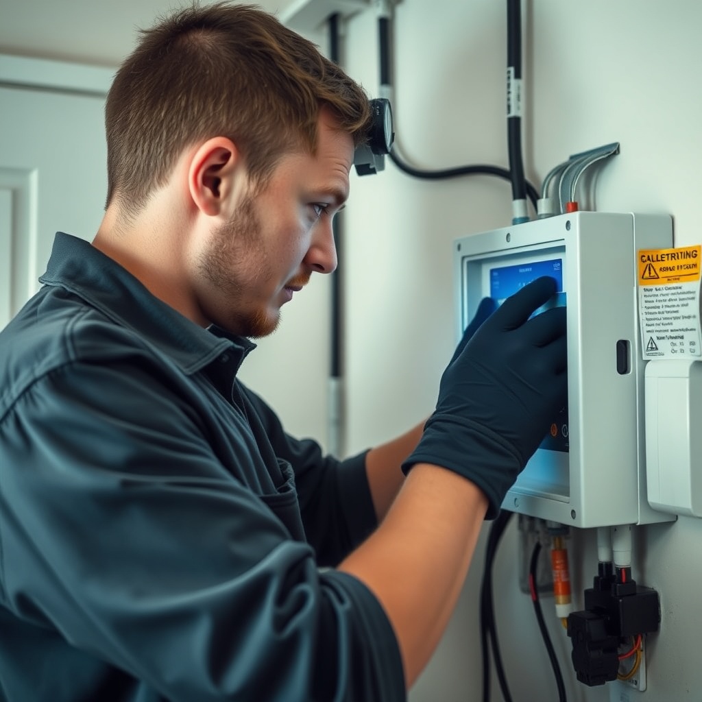 A clean photorealistic photo of a British electrician working on a consumer unit (fuse box