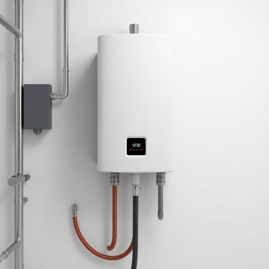 <clean photorealistic photo of a modern tankless water heater installed in a utility room